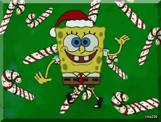 a picture of spongebob wearing a santa hat and surrounded by snowflakes