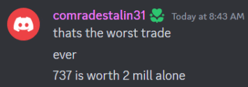a screenshot of a discord conversation between comradestalin31 and today at 8:43 am
