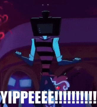 a cartoon character is sitting on a bed with the words yippeee !!! written on the bottom .