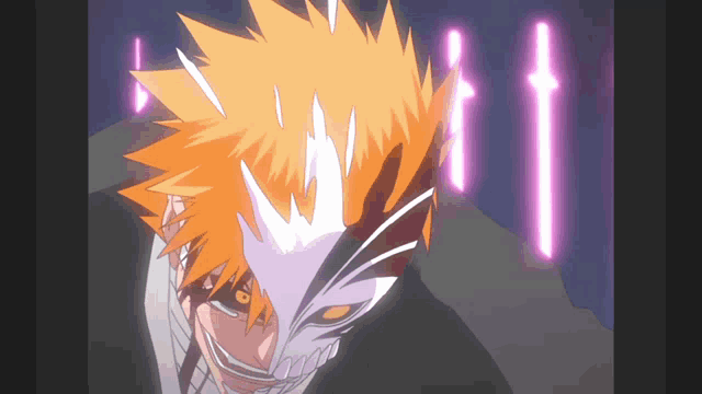 a cartoon character with orange hair and a white mask