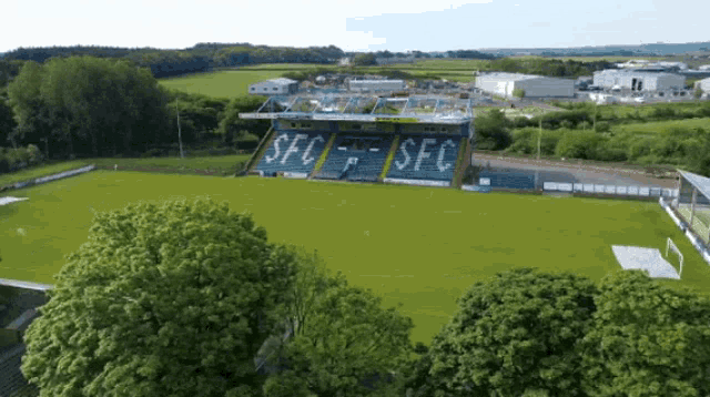 an aerial view of a soccer stadium that says sfc on the bleachers