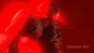a video game character with a red light coming out of his eyes and the words doombuy bot on the bottom