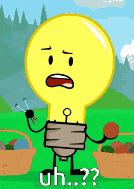 a cartoon light bulb is holding a pair of scissors and a red ball and says uh
