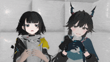 two anime characters are standing next to each other and one has horns on her head