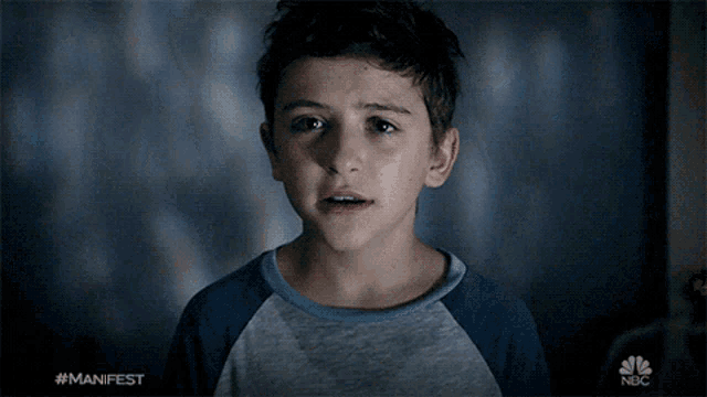 a young boy in a blue shirt with #manifest written on the bottom right