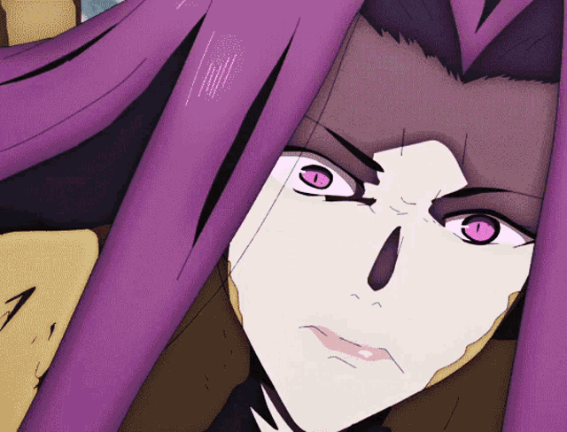 a close up of a purple haired anime character with pink eyes