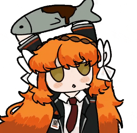 a girl in a suit and tie is holding a fish on her head
