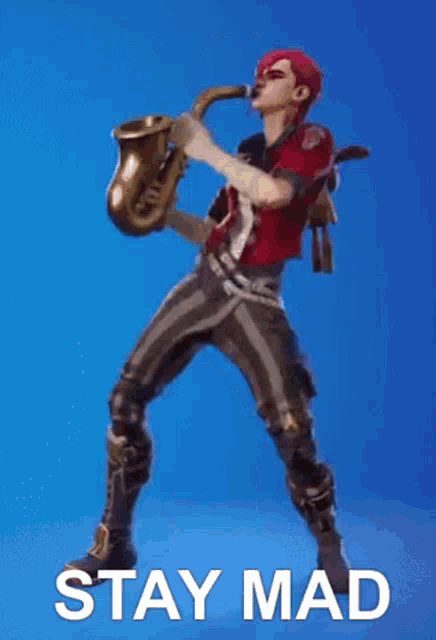 a man is playing a saxophone in front of a blue background with the words `` stay mad '' .