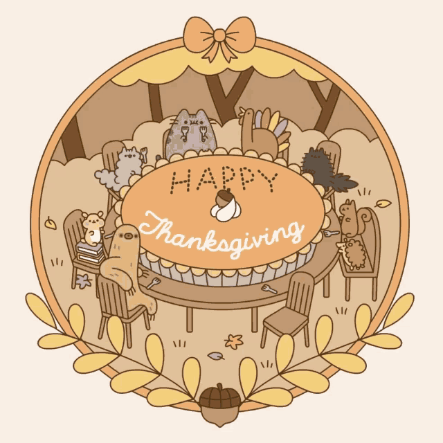 a happy thanksgiving greeting card with cats and a turkey
