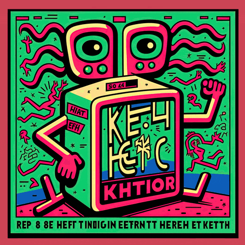 a colorful illustration of a robot with the words key here khtior on it