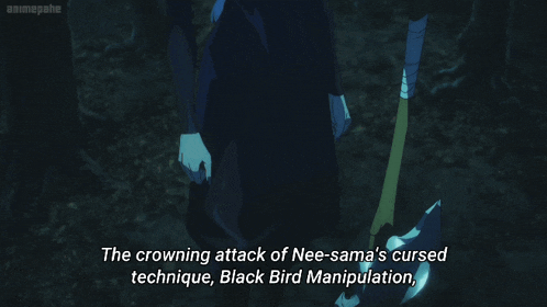a cartoon character with a braided hair stands in a dark forest with the word anime on the bottom left