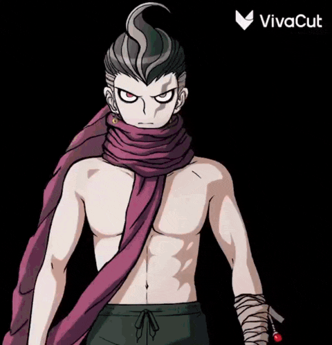a shirtless anime character with a scarf around his neck and a vivacut logo
