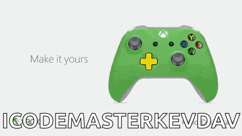 a yellow video game controller with blue buttons and the words make it yours on the bottom .