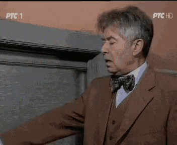 a man in a brown suit and bow tie is standing in front of a door .