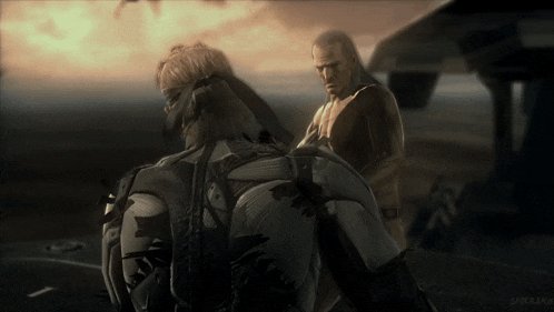 a man in a robotic suit stands next to another man in a video game