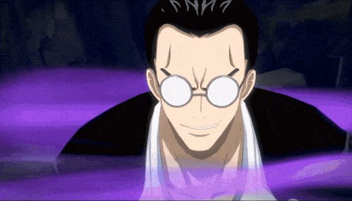 a man wearing glasses and a white shirt with a purple background