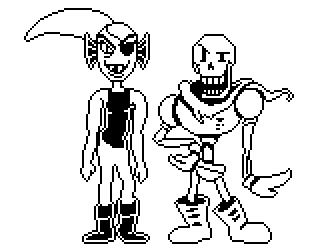 a black and white pixel art drawing of a skeleton and a elf standing next to each other on a white background .