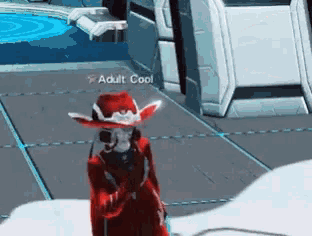 a video game character is wearing a red cowboy hat and standing in front of a building that says adult cool on it