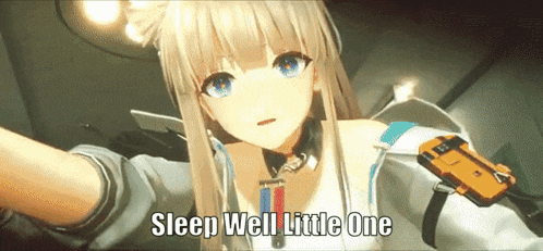a blonde anime girl with blue eyes is taking a selfie with the words sleep well little one above her .