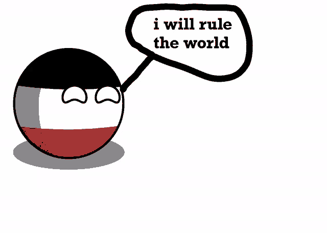 a drawing of a ball with a speech bubble that says i will rule the world