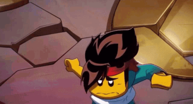 a cartoon character is standing on a rocky surface with his arms outstretched and a scarf around his neck .