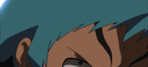 a close up of a cartoon character 's face with a black mask on .