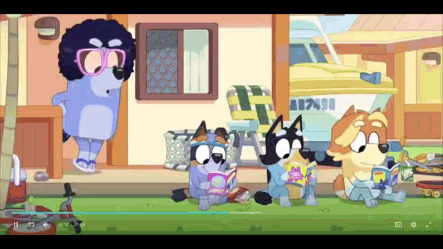 a group of cartoon dogs are reading books on a porch with a camper in the background