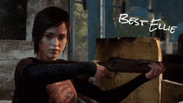 a video game character named best ellie is holding a shotgun