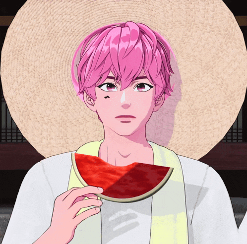 a man with pink hair holds a slice of watermelon
