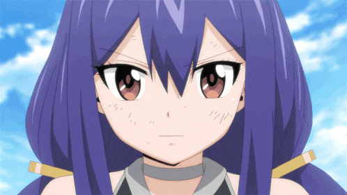 a close up of a girl 's face with purple hair and red eyes