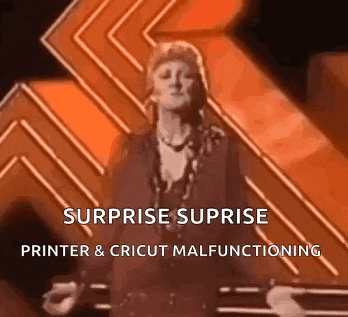 a woman is standing in front of an orange background with the words surprise suprise printer & cricut malfunctioning written below her
