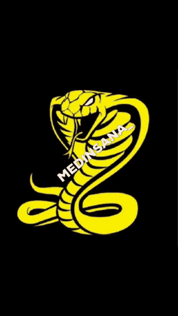 a yellow snake on a black background with medinsana written on the bottom