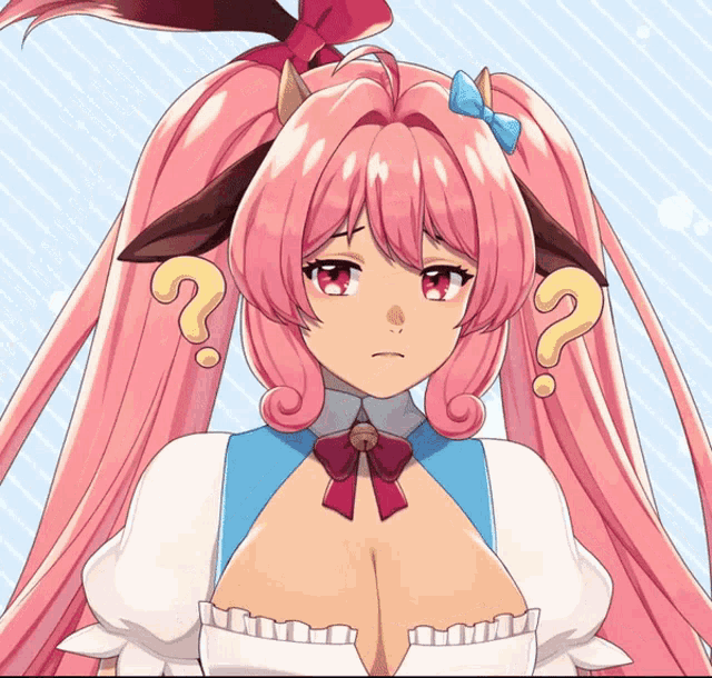 a girl with pink hair has two question marks on her ears