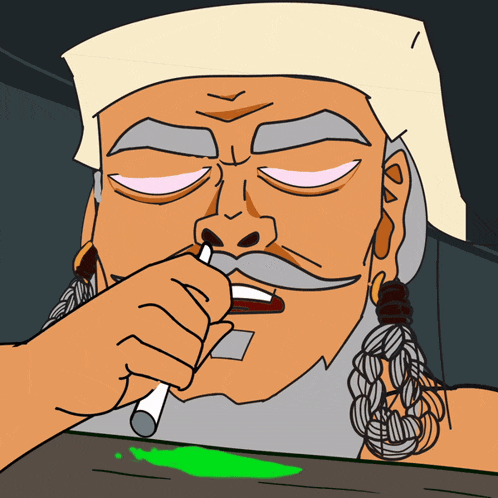 a cartoon drawing of a man with a mustache holding a cigarette