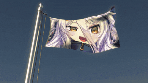 a flag with a picture of a girl with white hair and yellow eyes
