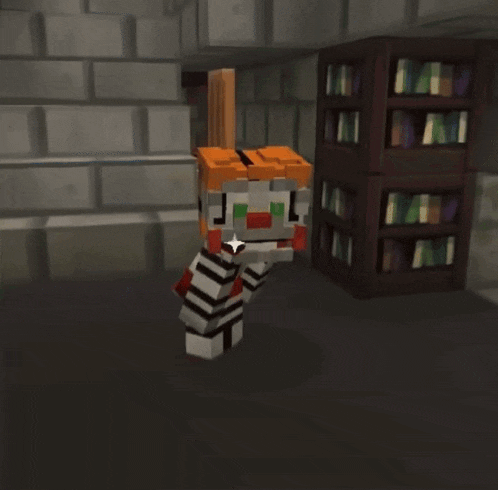 a minecraft character is standing in a room with a bookshelf in the background