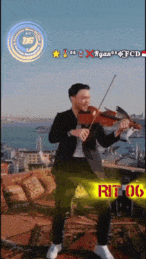 a man in a suit is playing a violin with the name ryan on the bottom right