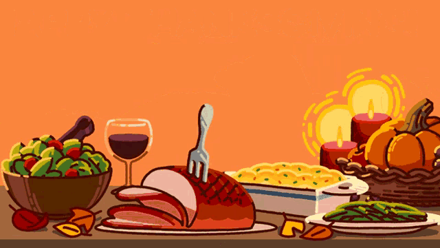 a cartoon illustration of a thanksgiving dinner with the word happy in the upper right corner