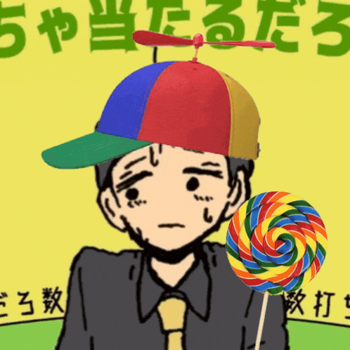 a cartoon of a man wearing a colorful hat and holding a colorful lollipop