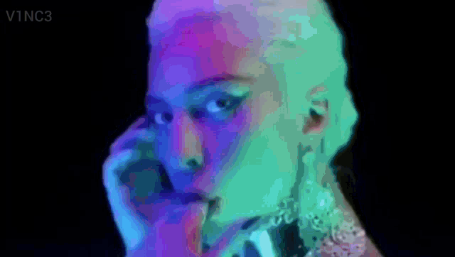 a colorful painting of a woman with the letters v1nc3 on the bottom right