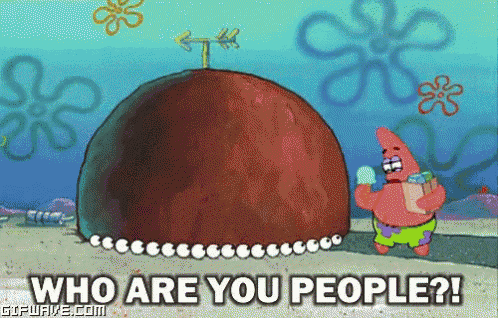 a cartoon of patrick from spongebob squarepants standing next to a giant sponge