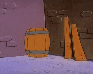 a cartoon character is standing next to a barrel