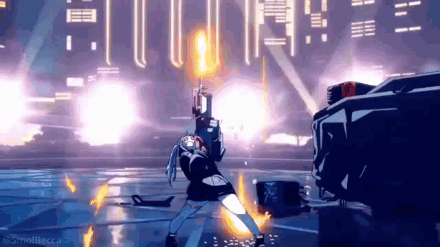 a woman is holding a gun in a video game while standing in front of a car .