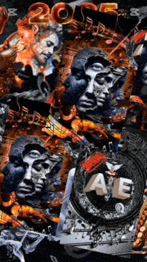 a collage of faces and music notes with the word ae in the middle