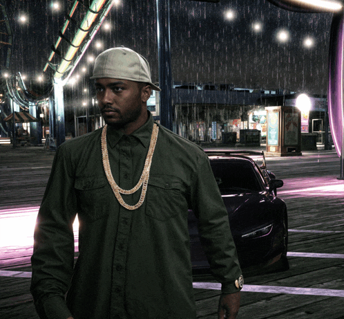 a man wearing a hat and a necklace stands in front of a black car