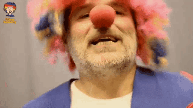 a man in a clown costume with a red nose and wig
