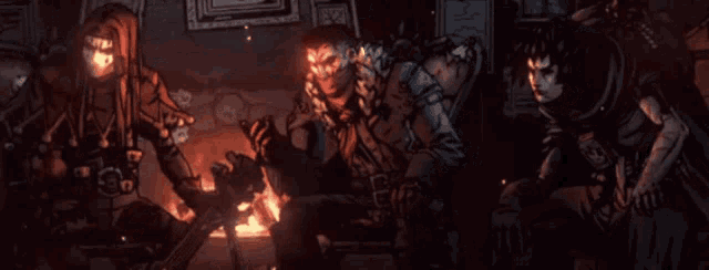 a group of people are sitting around a fireplace playing instruments