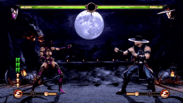 a video game screen shows a woman named mileena fighting a man named kung lao