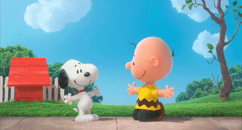 snoopy and charlie brown are hugging in front of a doghouse