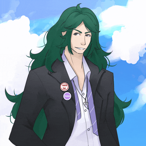 a man with long green hair is wearing a suit and tie